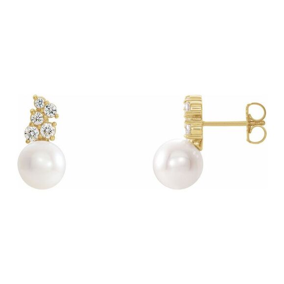 14K Yellow Gold FW Cultured Pearl 3/8CTW Diamond Post Earrings 8x10mm